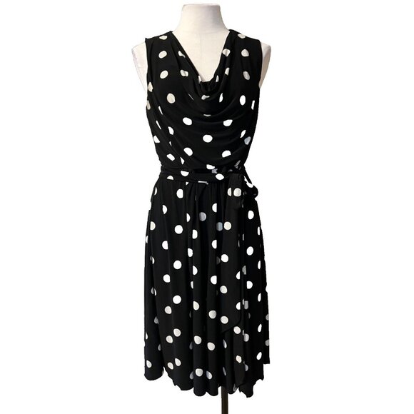 Ralph Lauren Dress 10 Black White Polka Dot Washable Belt Sleeveless Classic - Picture 1 of 8